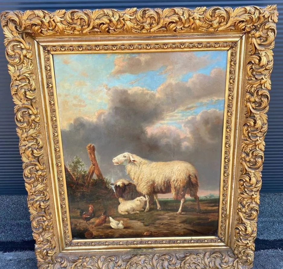 Peinture pastorale mouton et agneau encadrée dorée