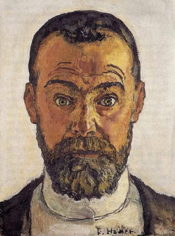 Ce portrait peint par le peintre suisse Ferdinand Hodler représente un homme à l'expression sérieuse, aux yeux clairs et à la barbe brune fournie. Il porte une chemise blanche et une veste sombre. La signature du symboliste, "F. Hodler", apparaît en bas à droite.