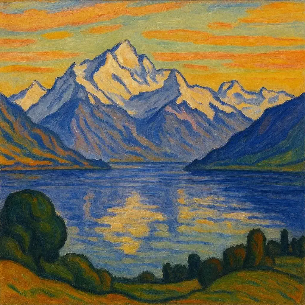 Farbenfrohes Gemälde von schneebedeckten Bergen, die sich bei Sonnenuntergang in einem ruhigen See spiegeln, mit orangefarbenen Wolken, blauem Wasser und grünen Büschen im Vordergrund, inspiriert von symbolistischen Techniken, die an den Schweizer Maler Ferdinand Hodler erinnern.
