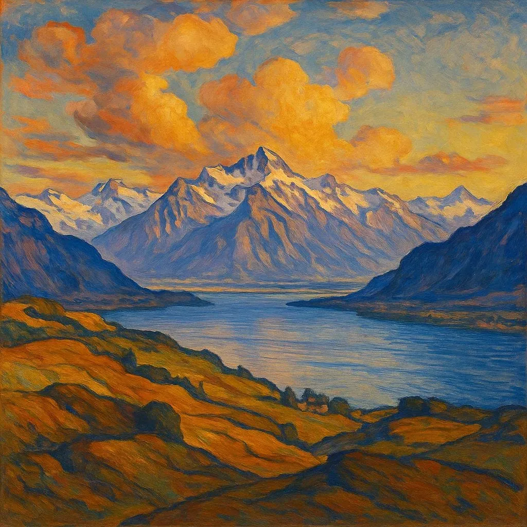 Ein lebendiges Gemälde im Stil des Schweizer Malers Ferdinand Hodler zeigt schneebedeckte Berge, die sich bei Sonnenuntergang in einem ruhigen See spiegeln, darüber goldene Wolken und sanfte Hügel in Orange- und Grüntönen, die die Schönheit des Symbolismus widerspiegeln.
