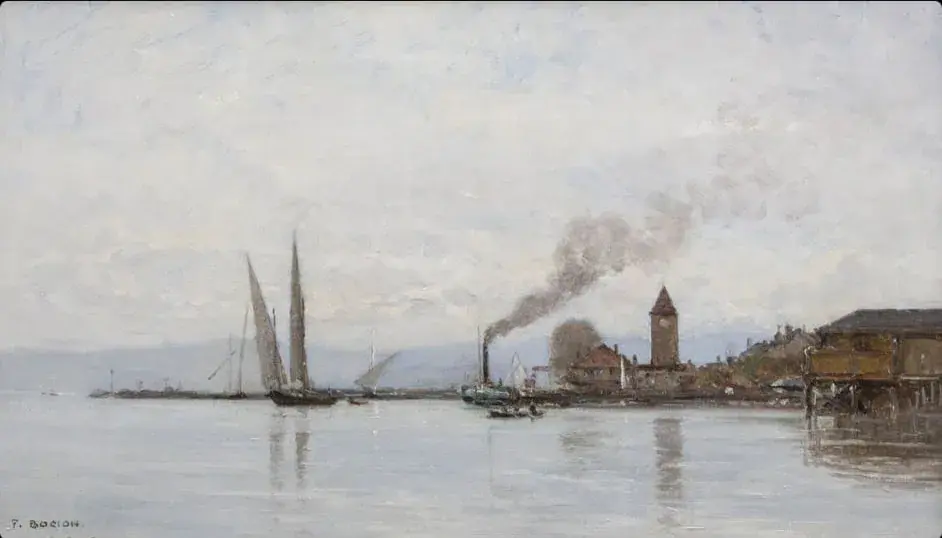 Scène de front de mer calme de François Bocion, avec des voiliers sur des eaux calmes, un bateau à vapeur dégageant de la fumée, et des bâtiments - dont une tour - le long du rivage sous un ciel nuageux.