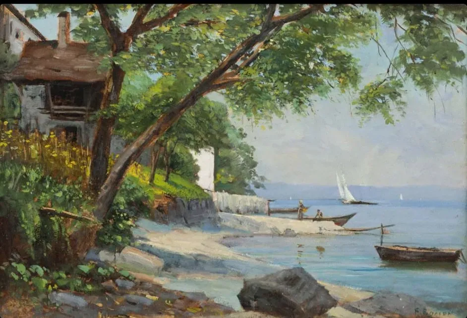 Eine ruhige Szene am Seeufer, inspiriert von François Bocion, mit einem rustikalen Haus auf der linken Seite, hoch aufragenden Bäumen, Menschen am Wasser, Segelbooten auf dem See und einem am Ufer festgemachten Ruderboot unter strahlend blauem Himmel.