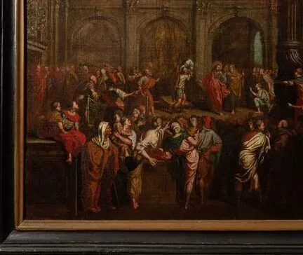 Peinture classique encadrée représentant une scène de foule avec de nombreux personnages en tenue ancienne rassemblés dans une grande salle avec des arcs et des colonnes, certains debout, faisant des gestes, ou assis, avec un balcon au-dessus.