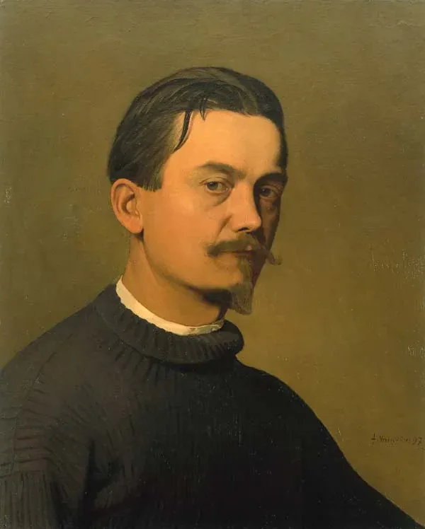 Un portrait peint dans le style de Félix Vallotton montre un homme aux cheveux bruns courts, à la moustache et à la barbichette pointue. Vêtu d'un pull sombre à col montant sur une chemise blanche, il regarde directement le spectateur sur un fond brun uni.