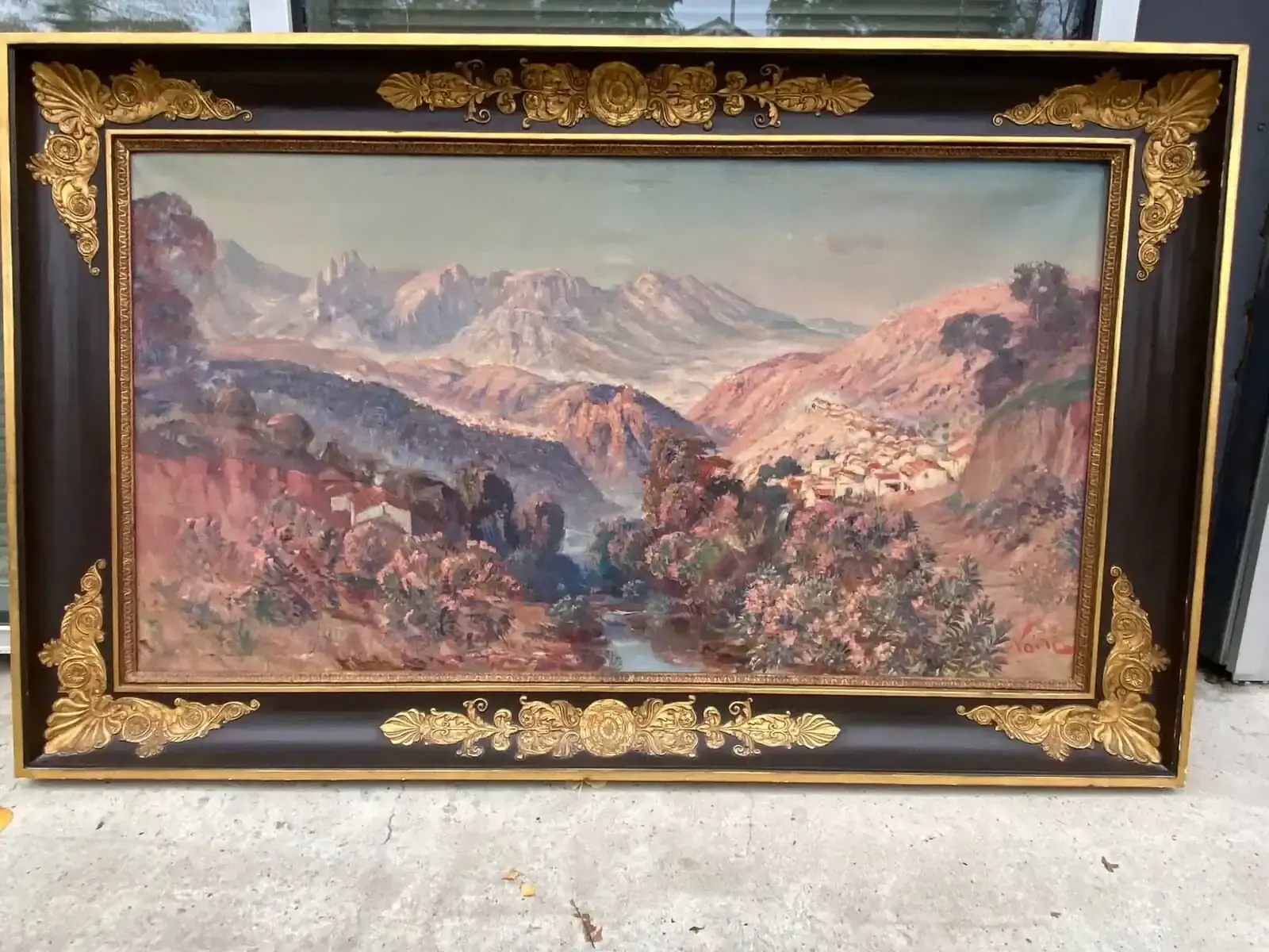 Peinture de paysage montagneux encadrée richement décorée