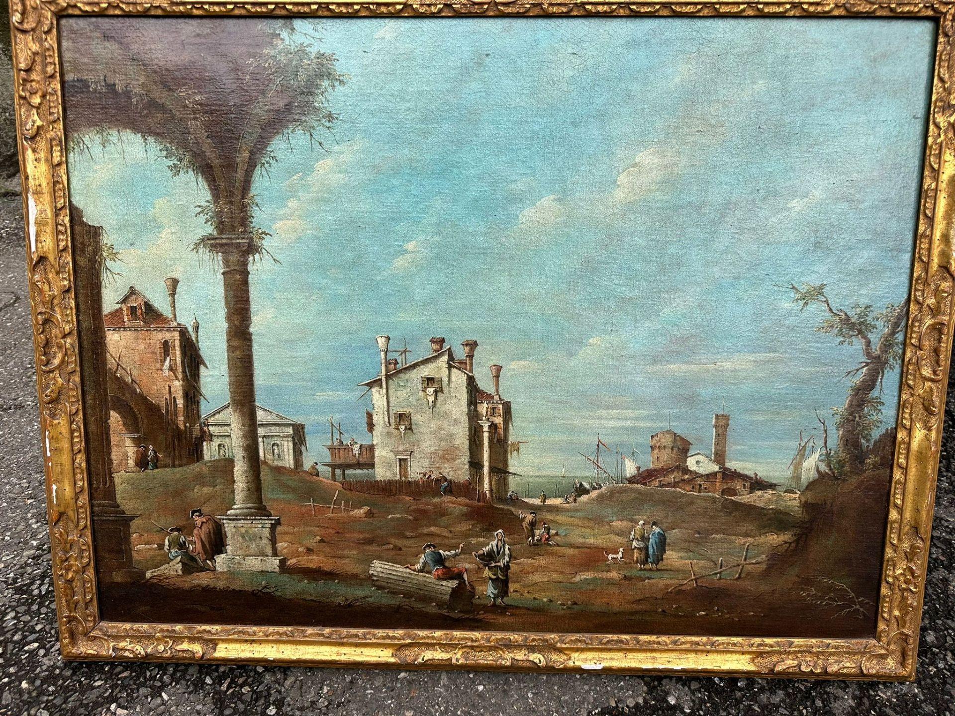 Peinture ancienne d’un port méditerranéen avec ruines