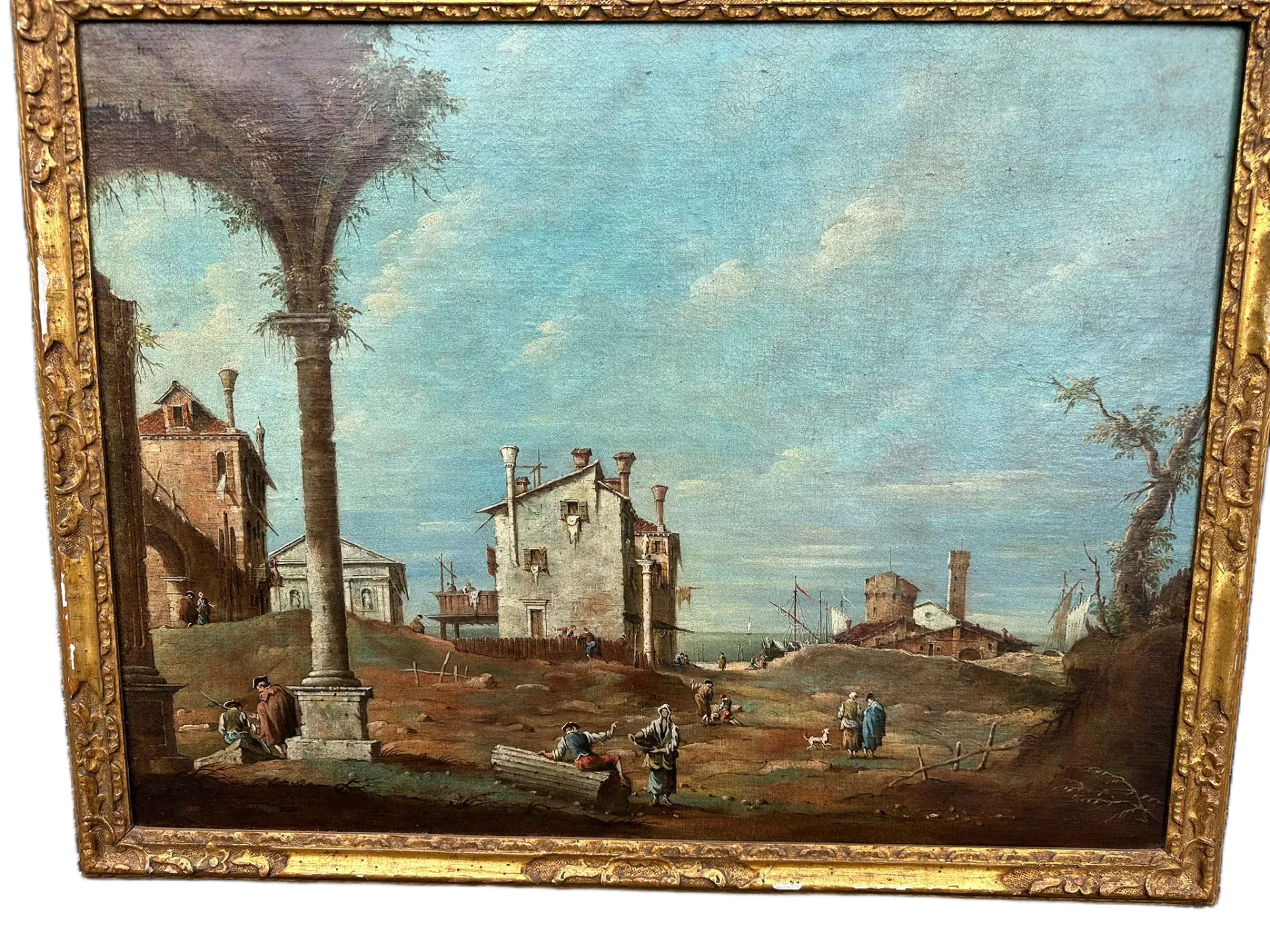 Paysage classique avec ruines et village portuaire