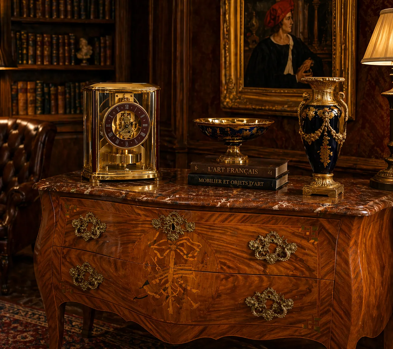 Commode ancienne avec horloge et vase décoratif