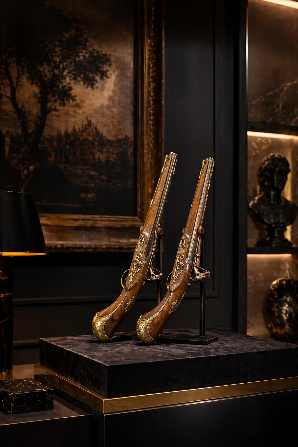 Deux pistolets anciens décorés exposés en intérieur élégant