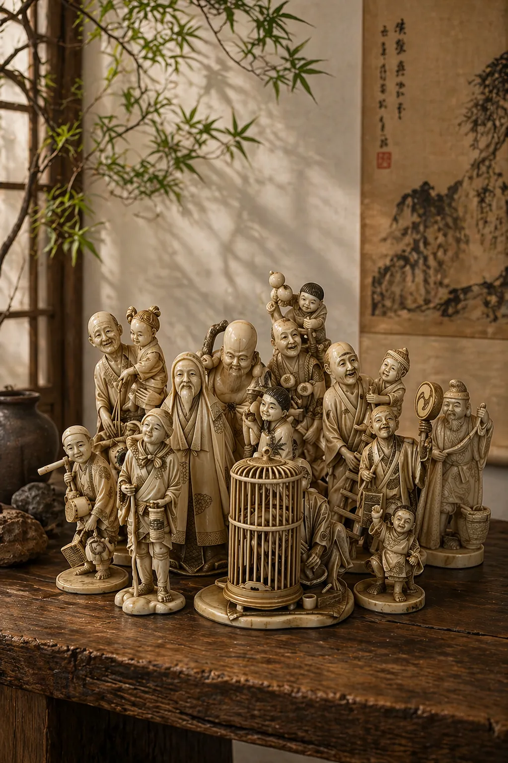 Figurines asiatiques sculptées sur table en bois