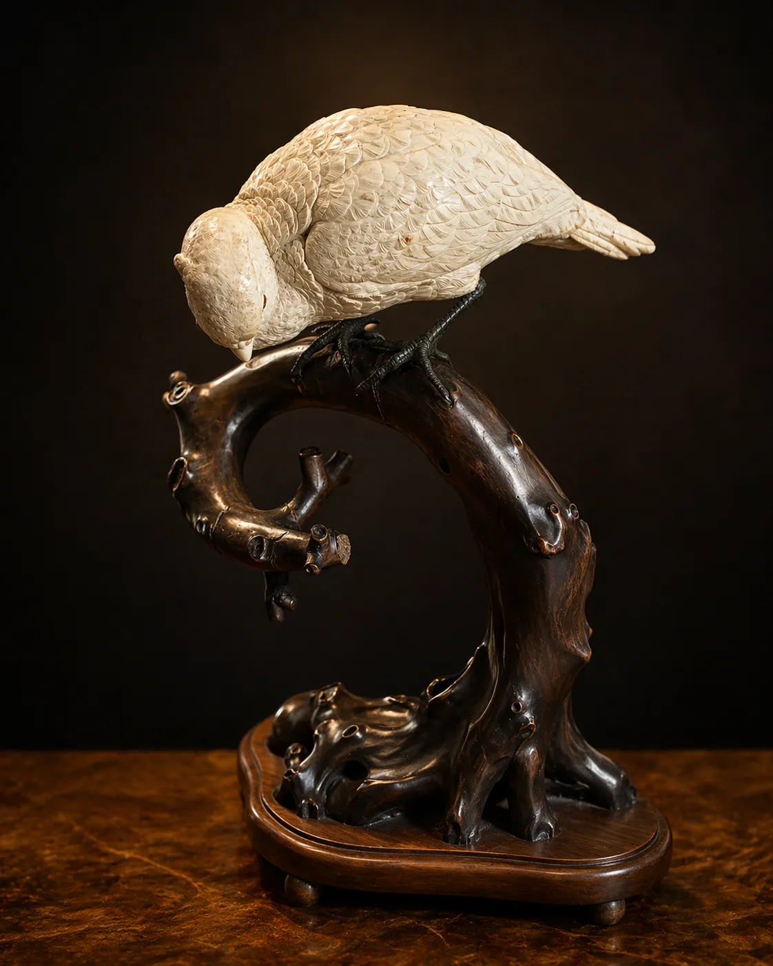 Sculpture d’oiseau en ivoire sur socle en bois