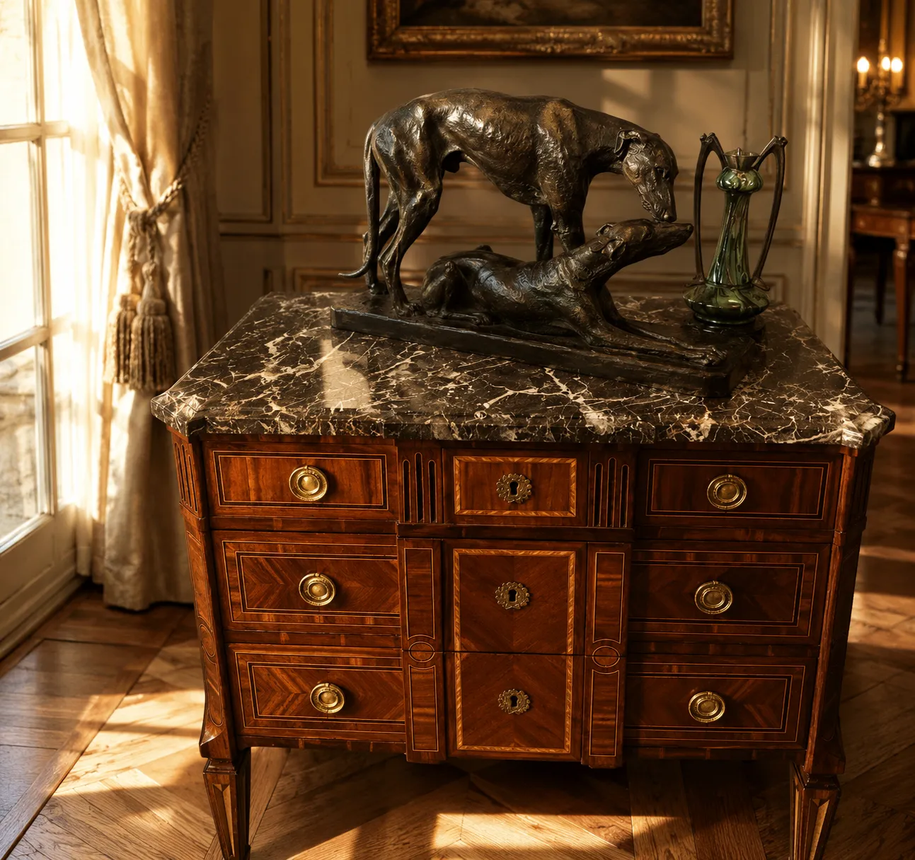 Commode ancienne en bois avec sculpture de lévriers