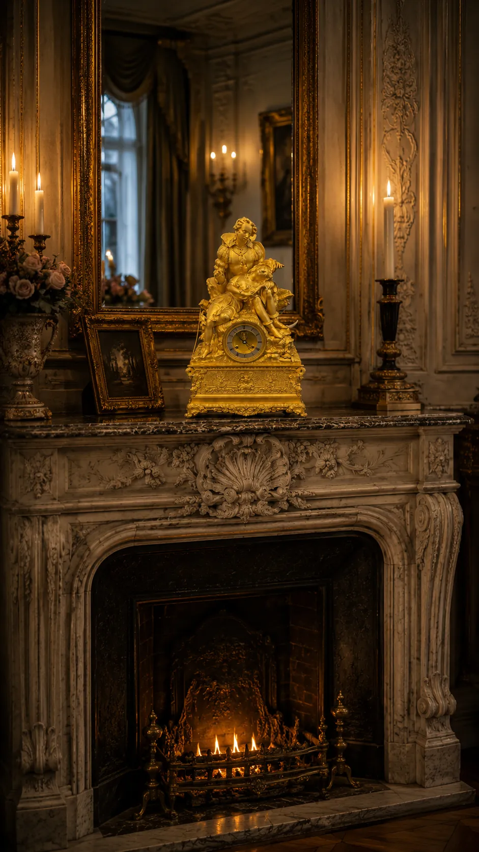 Cheminée en marbre avec pendule dorée ancienne