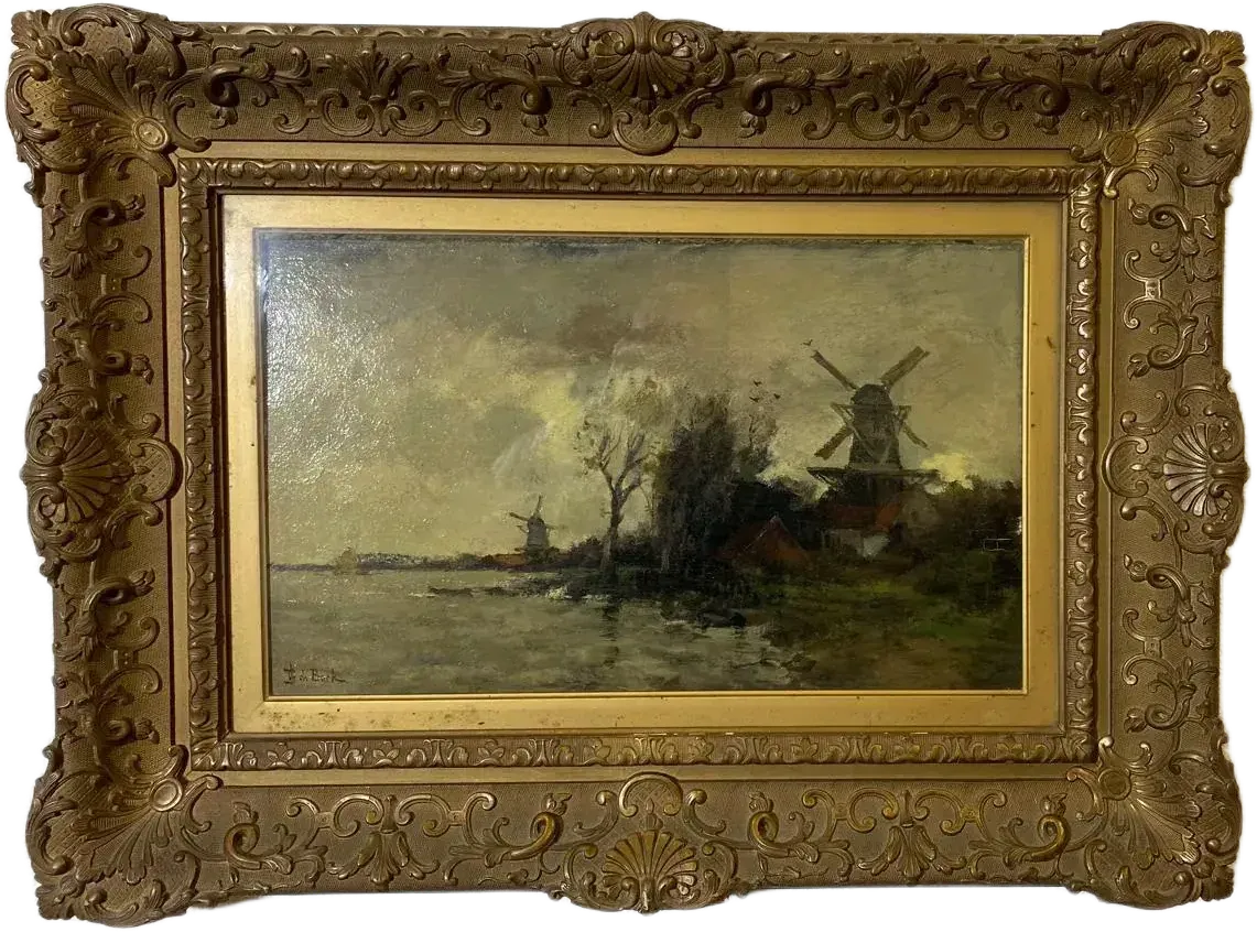 Tableau paysage avec moulins au bord de l’eau