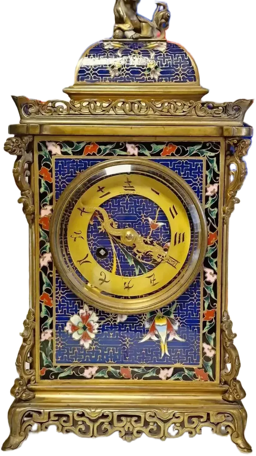 Horloge ancienne dorée à décor émaillé bleu