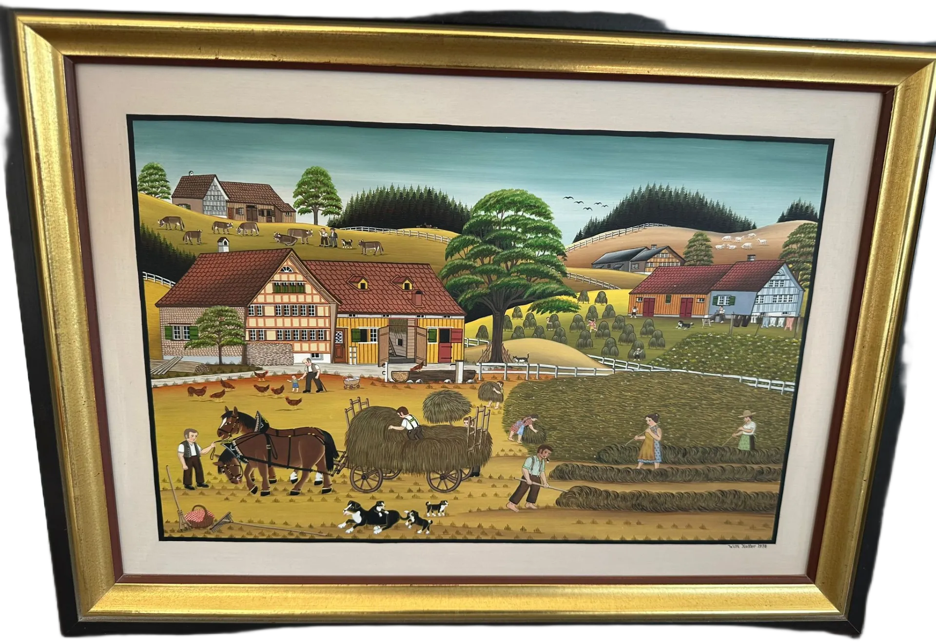 Peinture champêtre d’une ferme animée à la campagne
