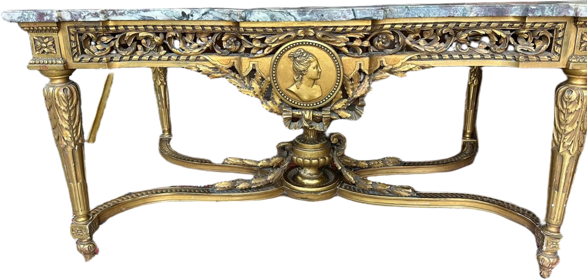 Console Louis XVI dorée avec médaillon sculpté