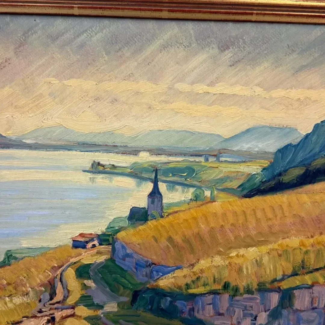 Peinture paysage lacustre avec église et collines