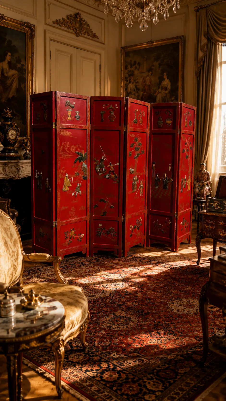 Paravent rouge laqué dans salon classique élégant