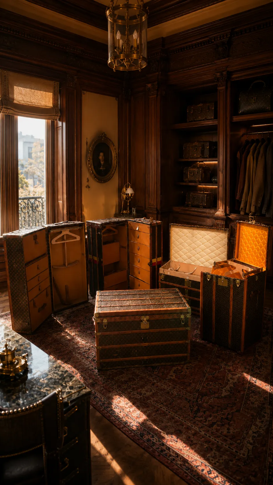 Malles de luxe ouvertes dans dressing en bois