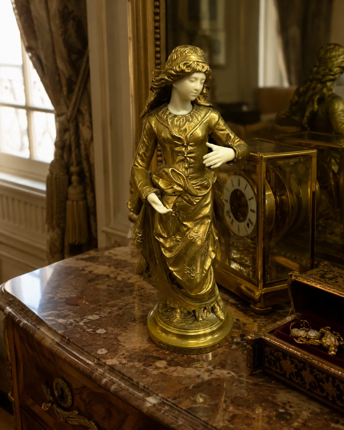 Statue dorée féminine sur commode en marbre