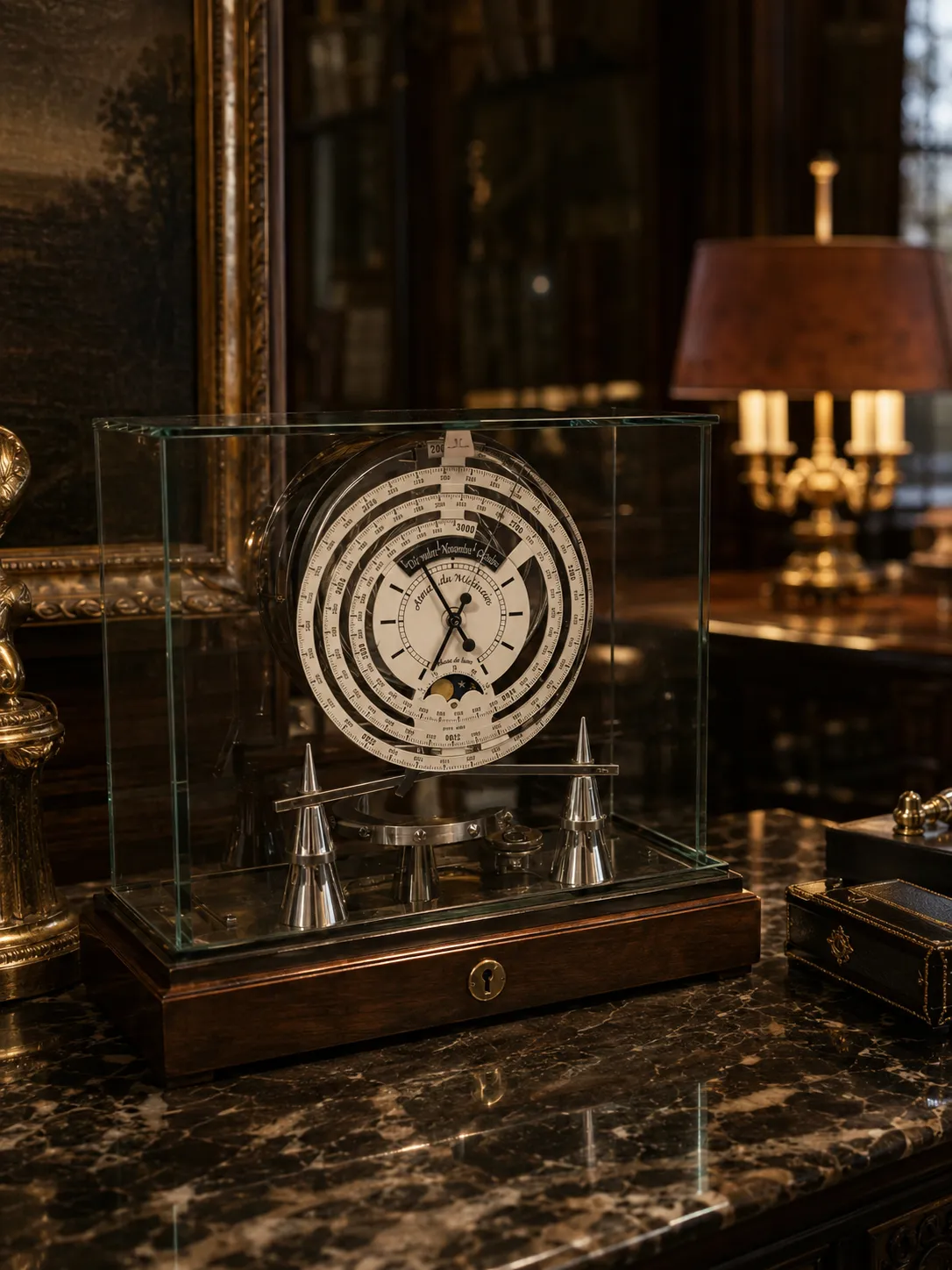 Baromètre ancien sous vitrine dans bibliothèque élégante