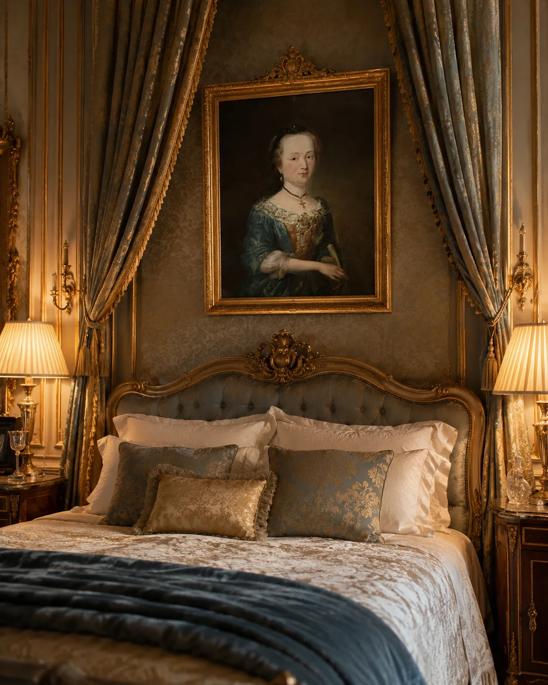 Chambre luxueuse classique avec portrait ancien au-dessus du lit