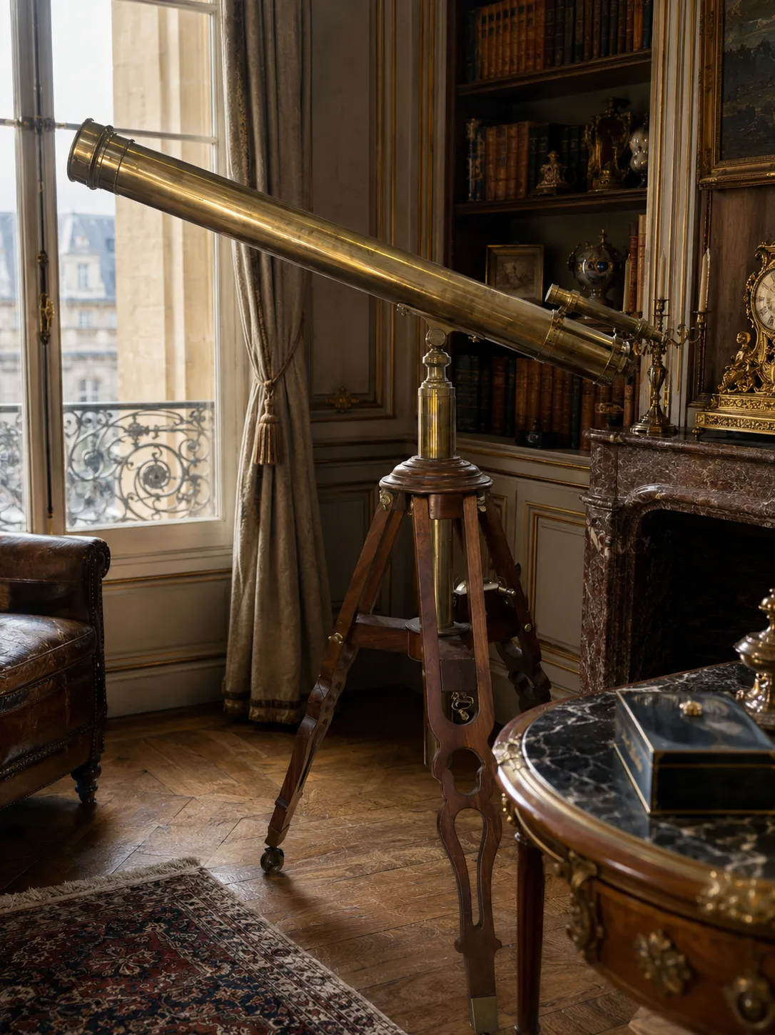 Grand télescope ancien en laiton sur trépied