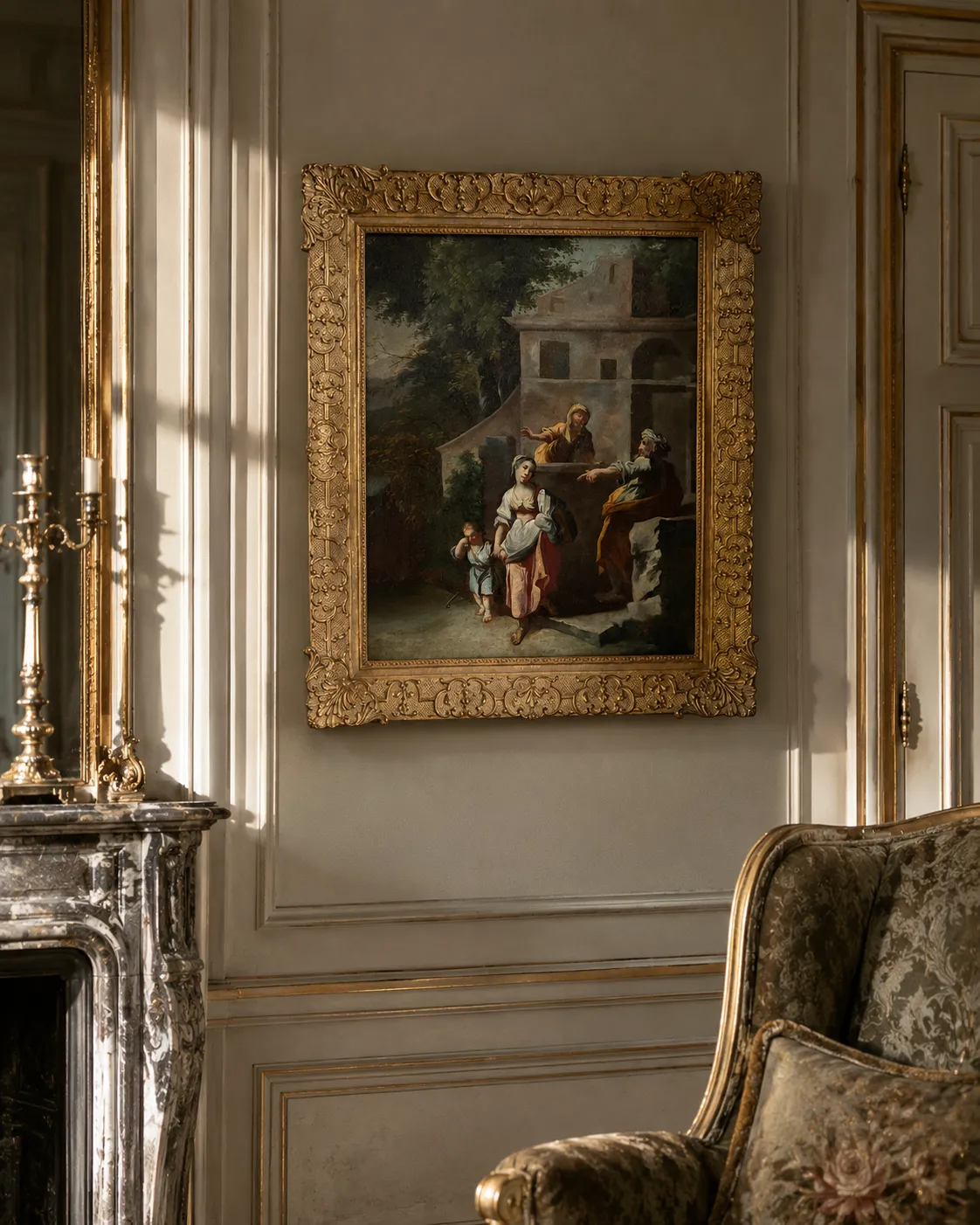 Tableau classique doré au-dessus d’une cheminée en marbre