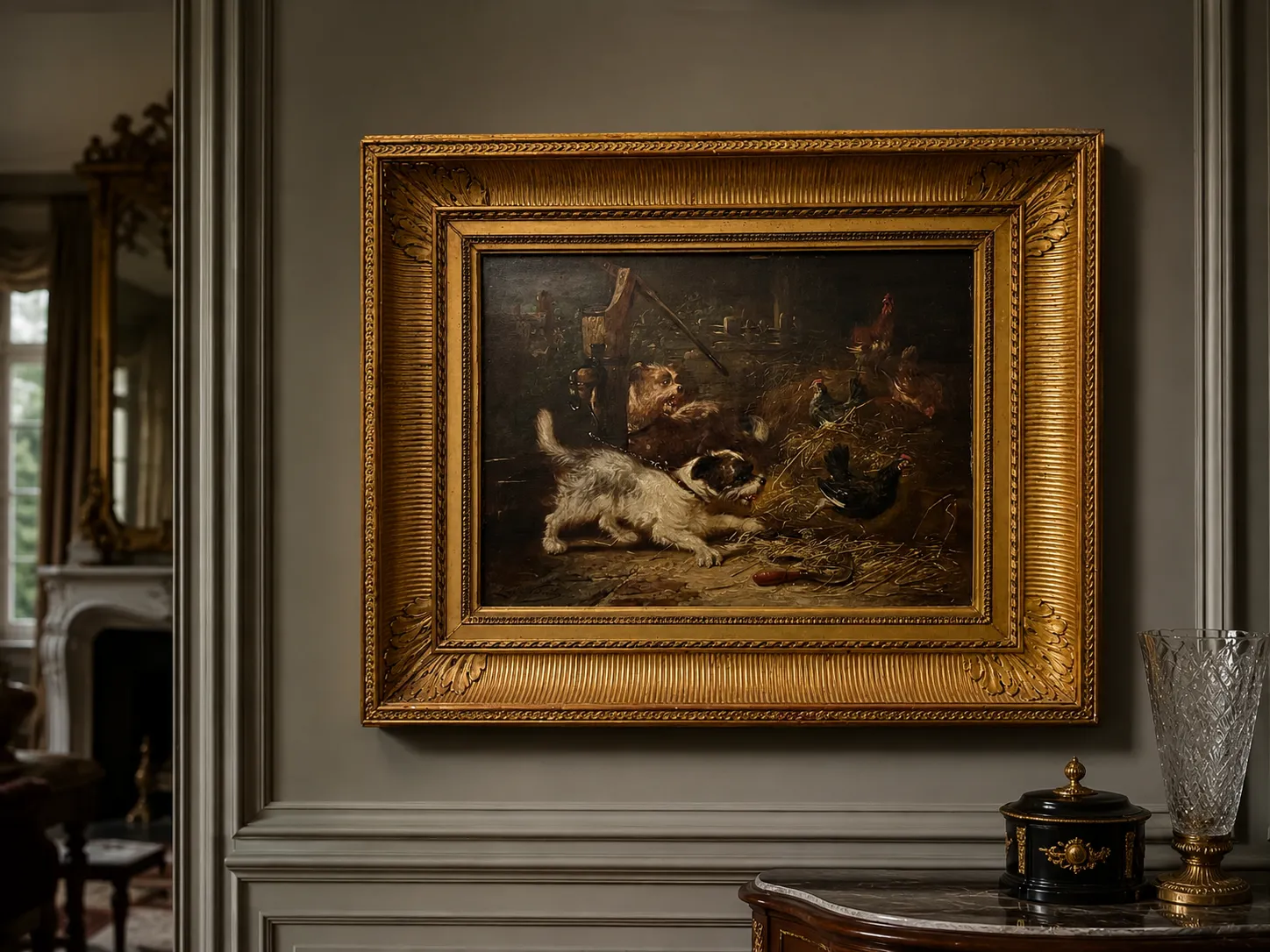 Tableau ancien chiens et poules cadre doré