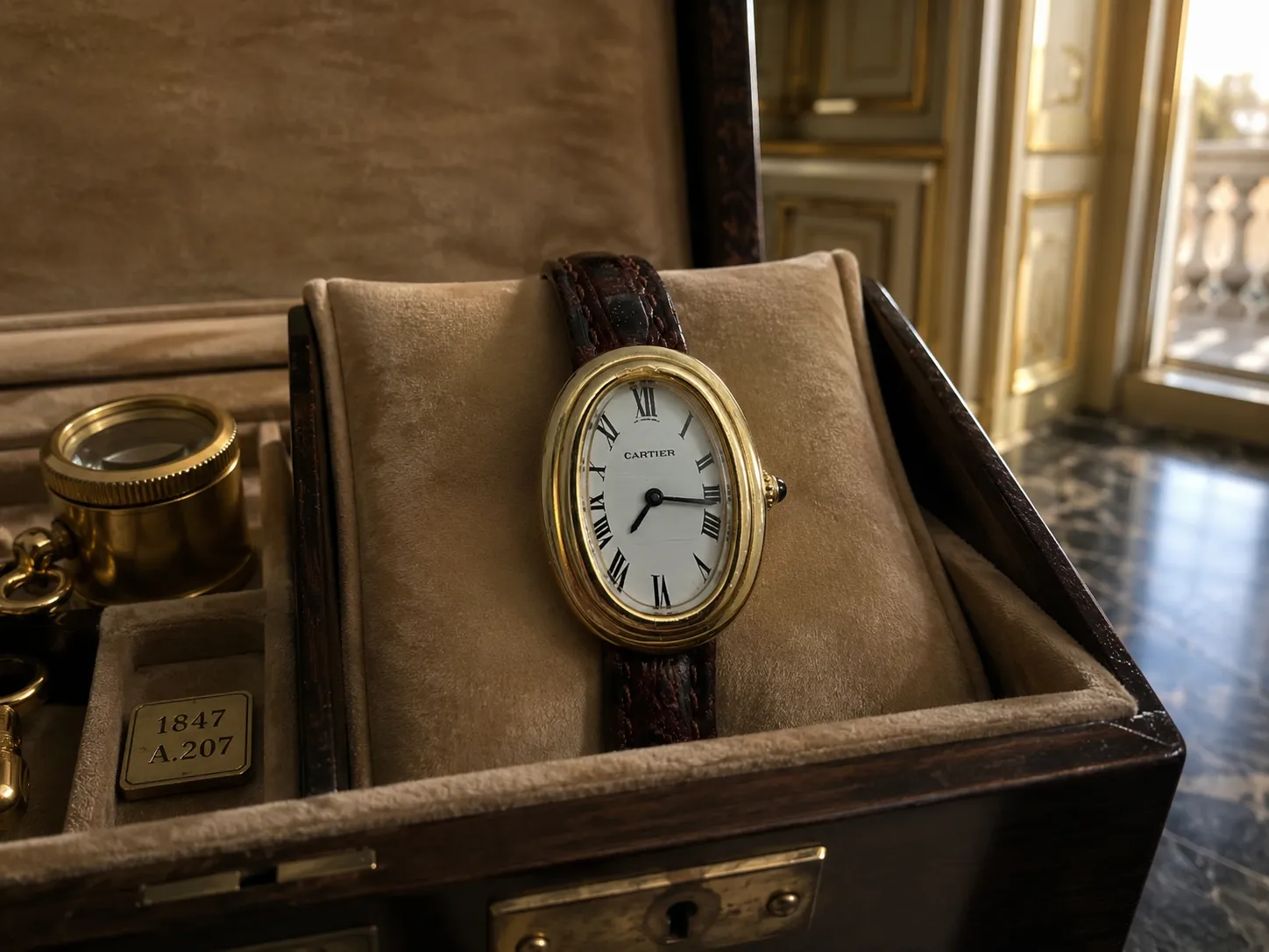 Montre Cartier ovale en or dans coffret