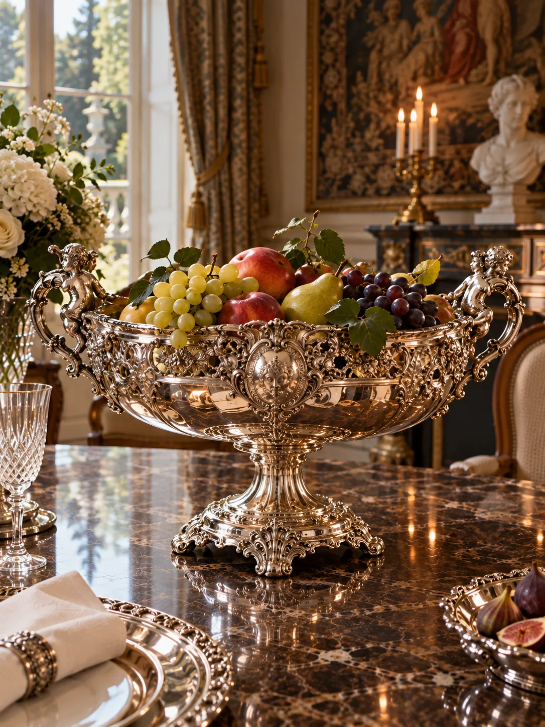Coupe d’argent garnie de fruits dans un salon classique
