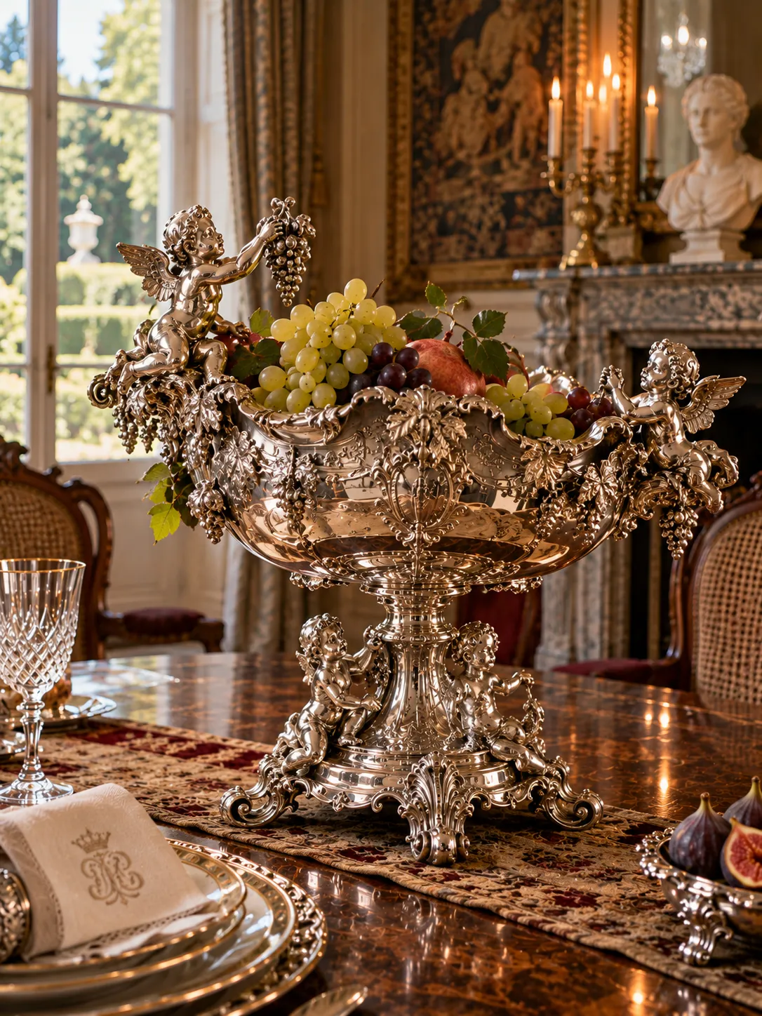 Coupe en argent garnie de fruits dans un salon