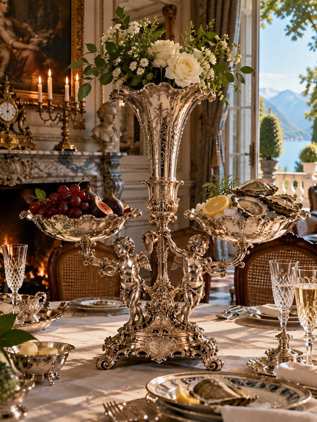 Table raffinée avec centre de table en argent et fleurs
