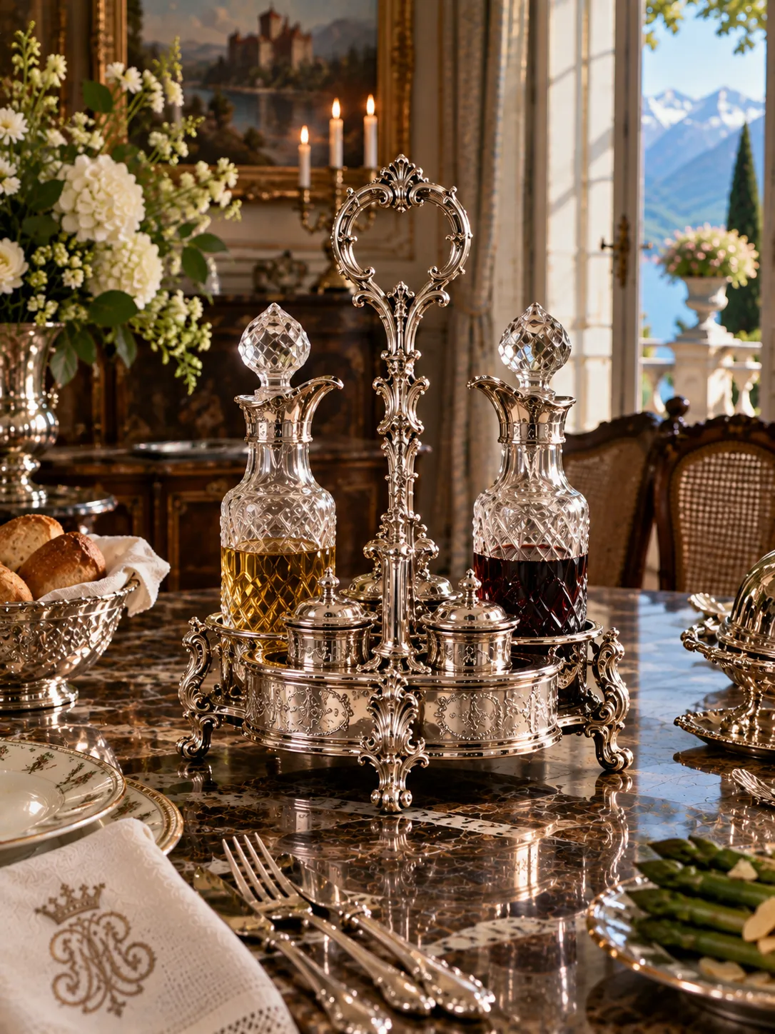 Service de table en argent dans un salon luxueux